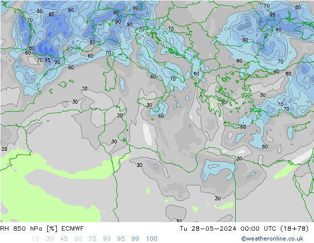 Humedad rel. 850hPa ECMWF mar 28.05.2024 00 UTC