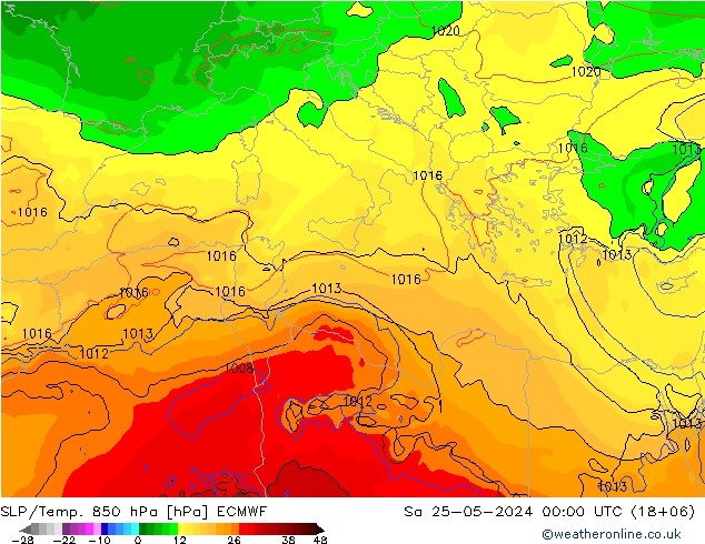 SLP/Temp. 850 hPa ECMWF Sa 25.05.2024 00 UTC