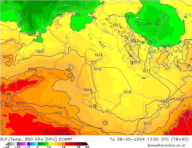 SLP/Temp. 850 hPa ECMWF Tu 28.05.2024 12 UTC