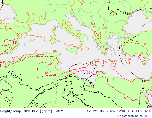 Height/Temp. 925 hPa ECMWF Sa 25.05.2024 12 UTC