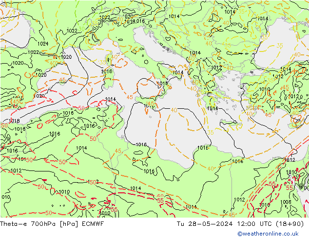 Theta-e 700hPa ECMWF Tu 28.05.2024 12 UTC