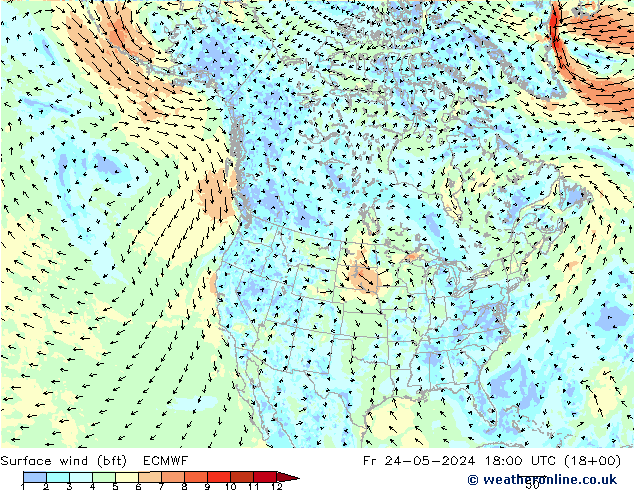 Bodenwind (bft) ECMWF Fr 24.05.2024 18 UTC