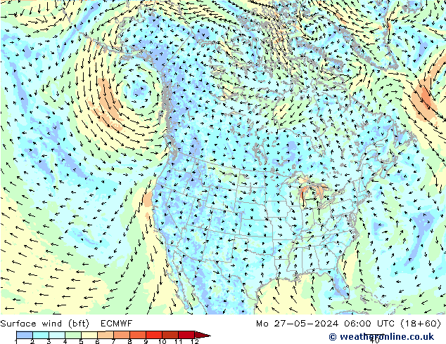 wiatr 10 m (bft) ECMWF pon. 27.05.2024 06 UTC