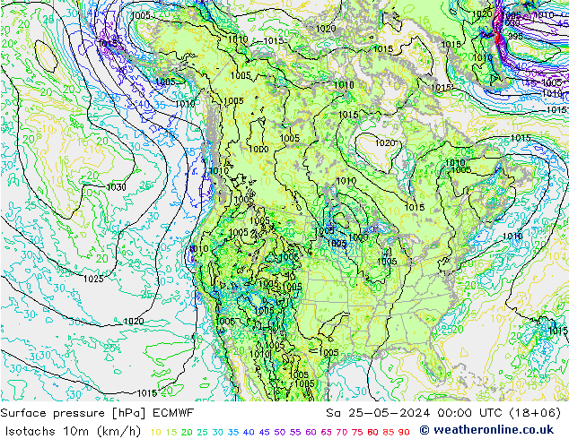 Isotaca (kph) ECMWF sáb 25.05.2024 00 UTC