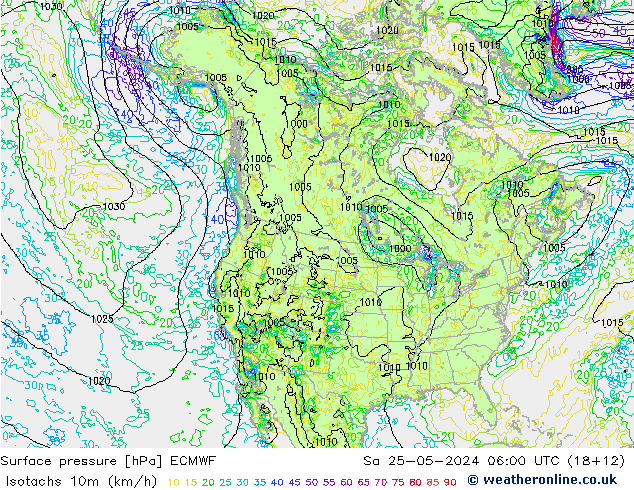 Isotachen (km/h) ECMWF Sa 25.05.2024 06 UTC