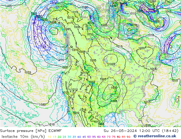 Isotachs (kph) ECMWF dom 26.05.2024 12 UTC