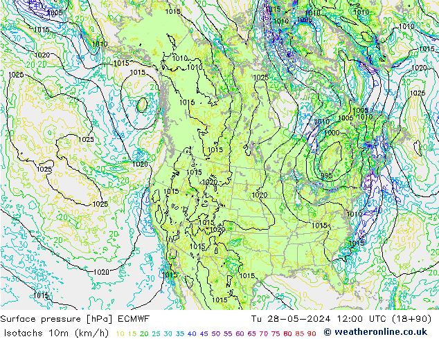 Isotachs (kph) ECMWF Út 28.05.2024 12 UTC