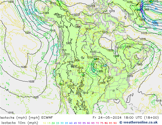 Isotachen (mph) ECMWF Fr 24.05.2024 18 UTC