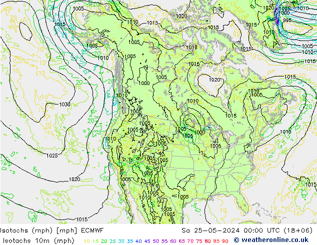 Isotachs (mph) ECMWF 星期六 25.05.2024 00 UTC