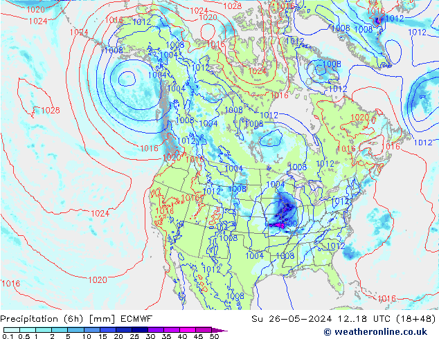 Precipitation (6h) ECMWF Su 26.05.2024 18 UTC