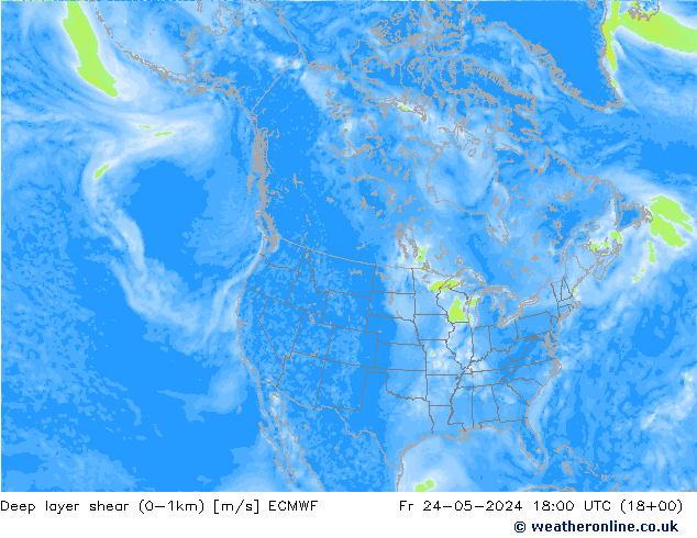 Deep layer shear (0-1km) ECMWF Fr 24.05.2024 18 UTC