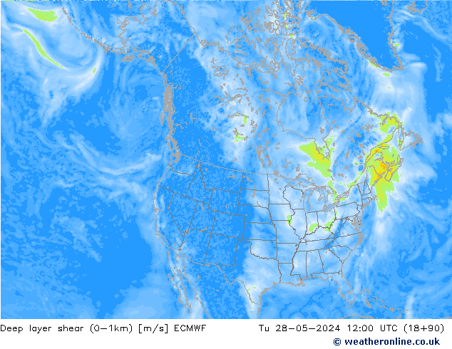 Deep layer shear (0-1km) ECMWF Tu 28.05.2024 12 UTC