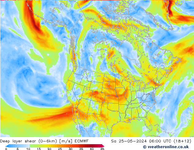 Deep layer shear (0-6km) ECMWF Sa 25.05.2024 06 UTC