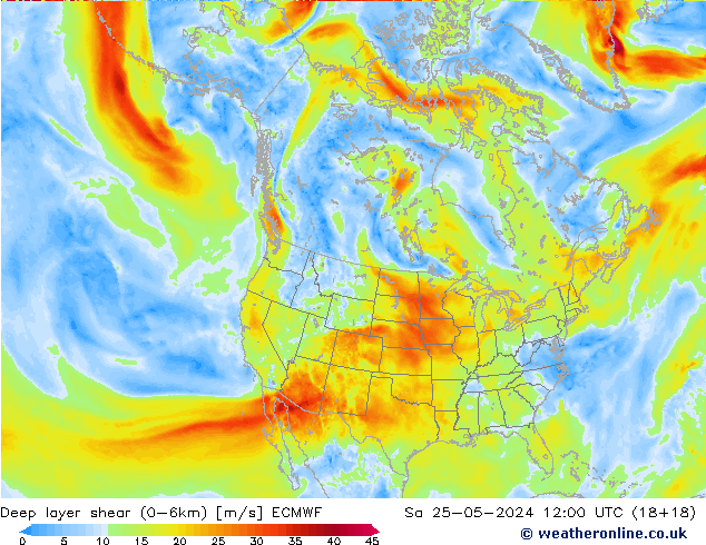 Deep layer shear (0-6km) ECMWF za 25.05.2024 12 UTC