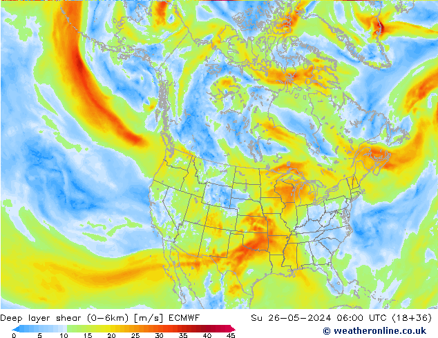 Deep layer shear (0-6km) ECMWF So 26.05.2024 06 UTC