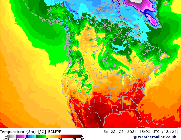 Temperatuurkaart (2m) ECMWF za 25.05.2024 18 UTC