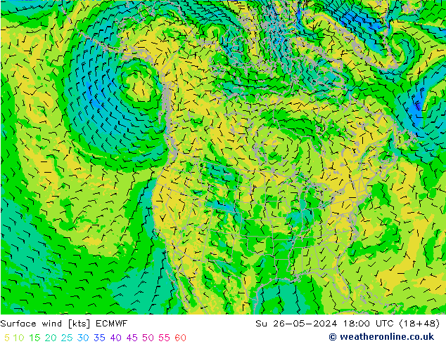 Vent 10 m ECMWF dim 26.05.2024 18 UTC