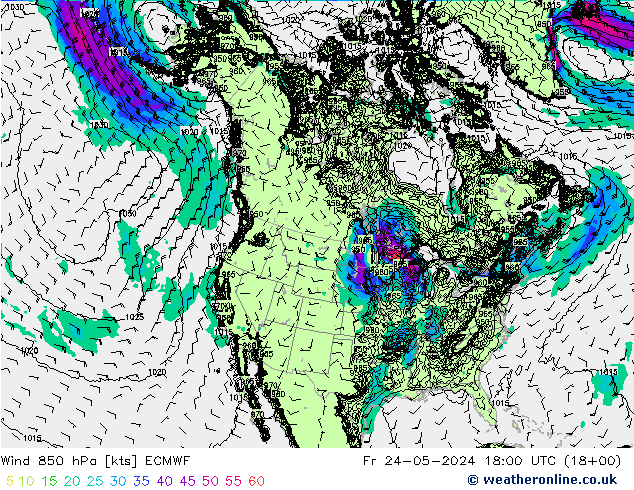 Rüzgar 850 hPa ECMWF Cu 24.05.2024 18 UTC