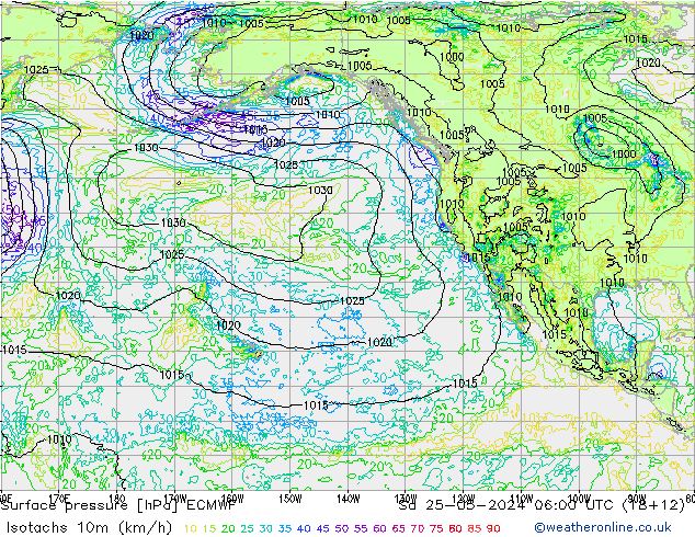 Isotachen (km/h) ECMWF za 25.05.2024 06 UTC