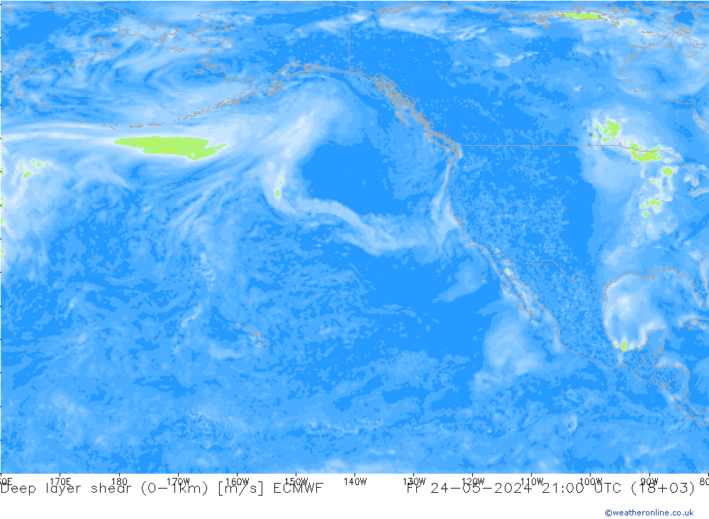 Deep layer shear (0-1km) ECMWF пт 24.05.2024 21 UTC