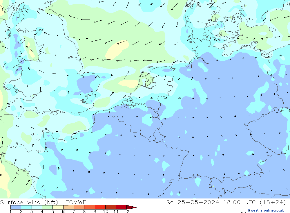 Vent 10 m (bft) ECMWF sam 25.05.2024 18 UTC