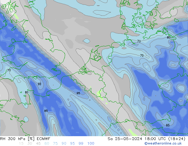 RH 300 hPa ECMWF sab 25.05.2024 18 UTC