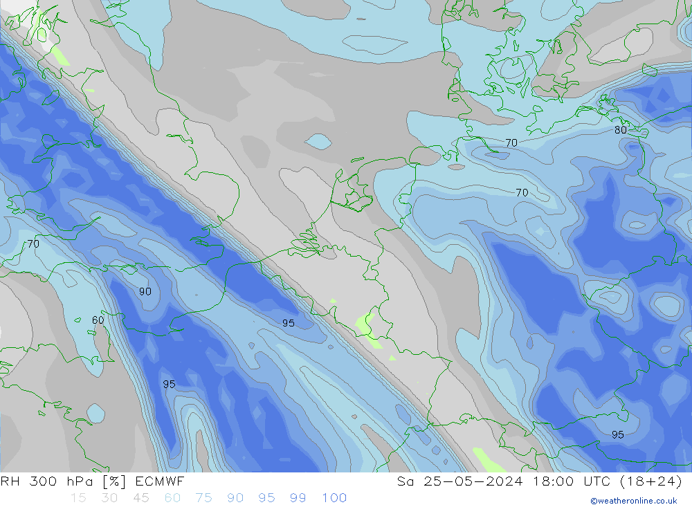 RH 300 гПа ECMWF сб 25.05.2024 18 UTC