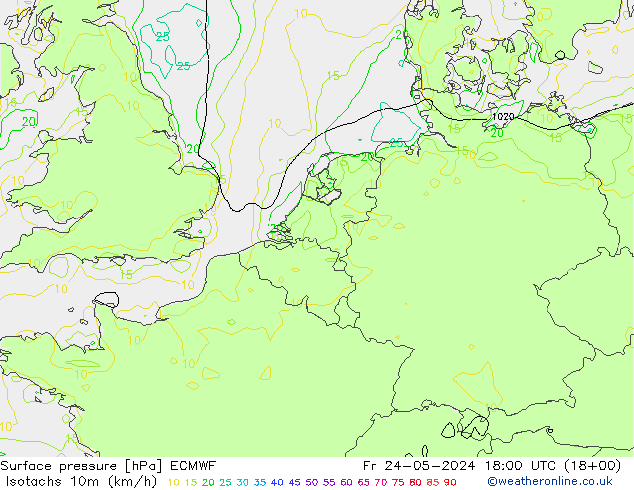 Isotachs (kph) ECMWF ven 24.05.2024 18 UTC