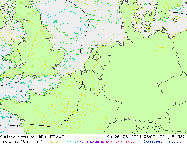 Izotacha (km/godz) ECMWF nie. 26.05.2024 03 UTC