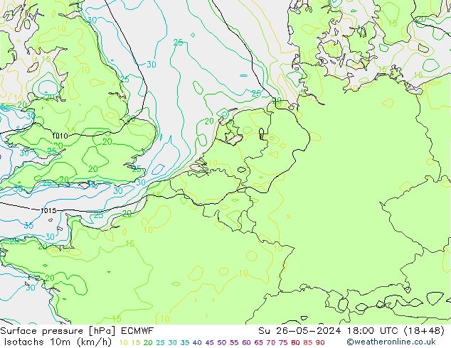 Isotachen (km/h) ECMWF zo 26.05.2024 18 UTC