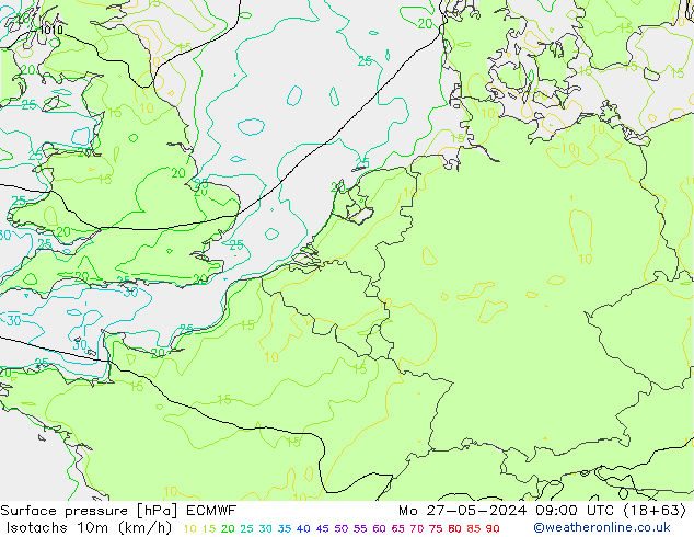 Isotachs (kph) ECMWF Mo 27.05.2024 09 UTC