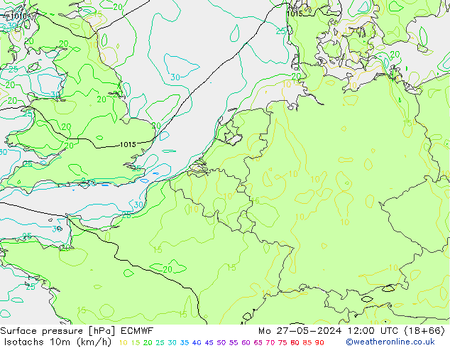 Isotachs (kph) ECMWF Po 27.05.2024 12 UTC