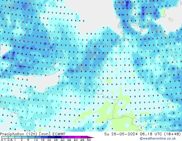 Precipitation (12h) ECMWF Su 26.05.2024 18 UTC