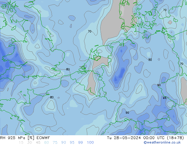 Humidité rel. 925 hPa ECMWF mar 28.05.2024 00 UTC