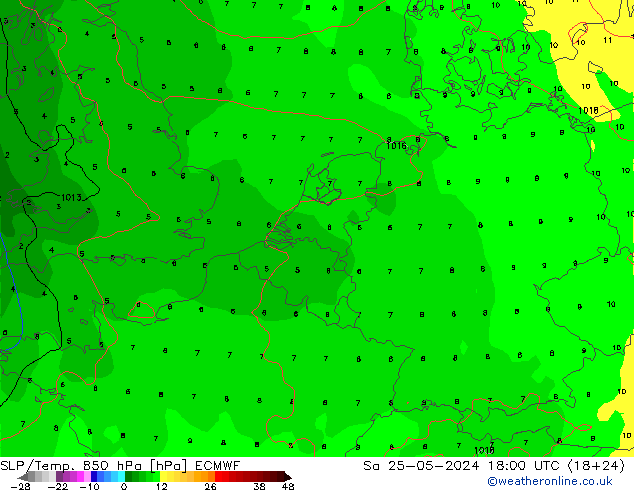 SLP/Temp. 850 гПа ECMWF сб 25.05.2024 18 UTC