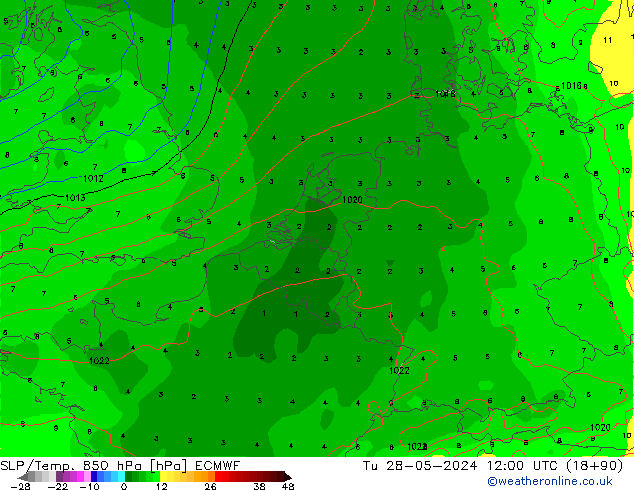 SLP/Temp. 850 hPa ECMWF Di 28.05.2024 12 UTC