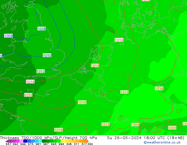 Schichtdicke 700-1000 hPa ECMWF So 26.05.2024 18 UTC