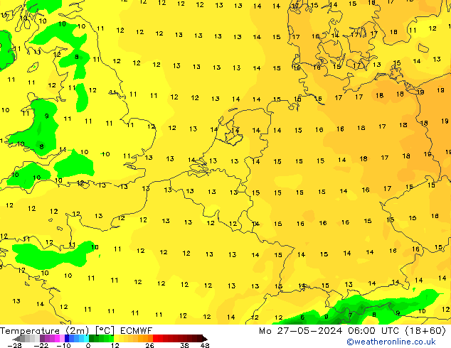 Temperature (2m) ECMWF Mo 27.05.2024 06 UTC