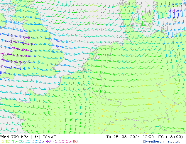 ветер 700 гПа ECMWF вт 28.05.2024 12 UTC