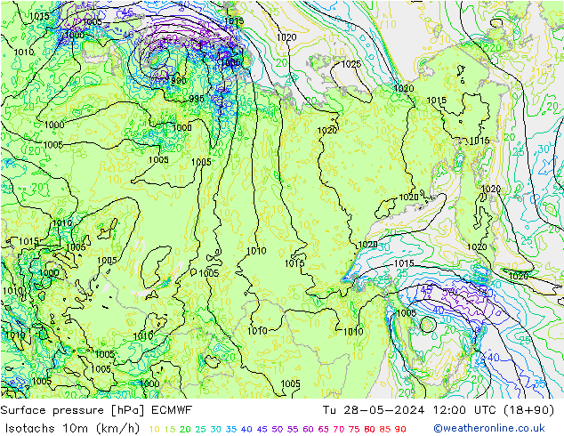 Isotachs (kph) ECMWF Tu 28.05.2024 12 UTC