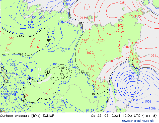 Presión superficial ECMWF sáb 25.05.2024 12 UTC