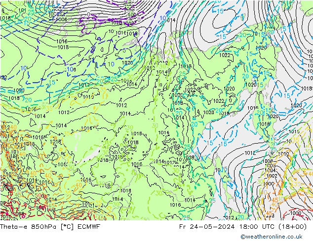 Theta-e 850hPa ECMWF vie 24.05.2024 18 UTC