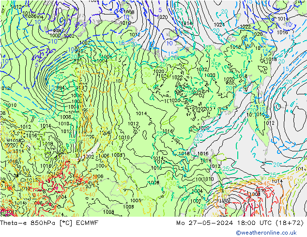 Theta-e 850hPa ECMWF Mo 27.05.2024 18 UTC