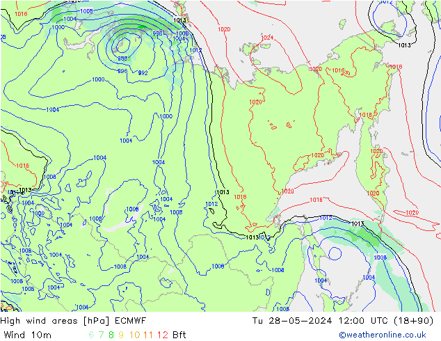 High wind areas ECMWF Út 28.05.2024 12 UTC