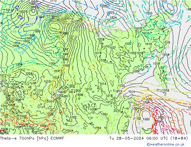 Theta-e 700hPa ECMWF  28.05.2024 06 UTC