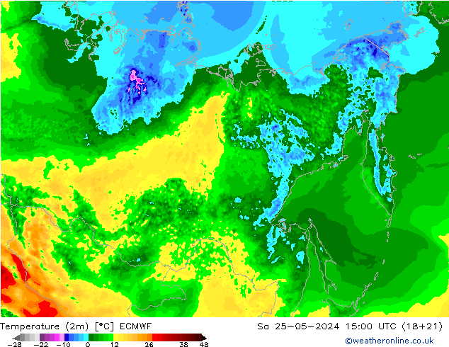 Temperature (2m) ECMWF Sa 25.05.2024 15 UTC