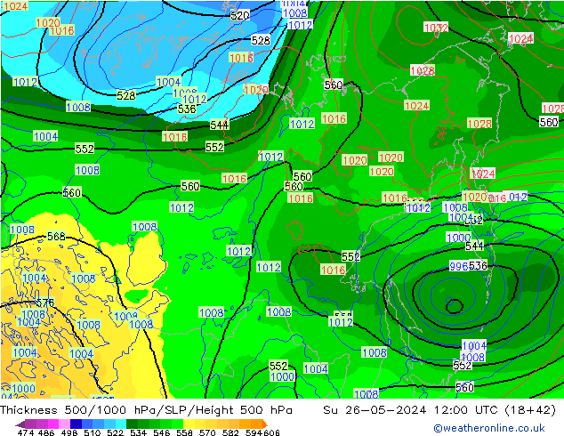 Thck 500-1000гПа ECMWF Вс 26.05.2024 12 UTC