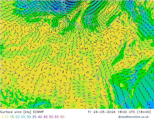 Vent 10 m ECMWF ven 24.05.2024 18 UTC