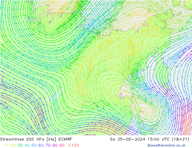 Streamlines 200 hPa ECMWF Sa 25.05.2024 15 UTC