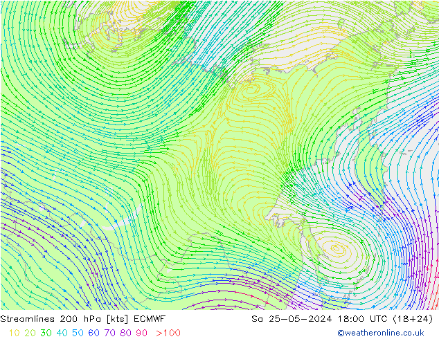 Stroomlijn 200 hPa ECMWF za 25.05.2024 18 UTC